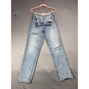 Revice Denim Y2k Acid Wash High Rise Fold Over Straight Leg Jeans Distressed